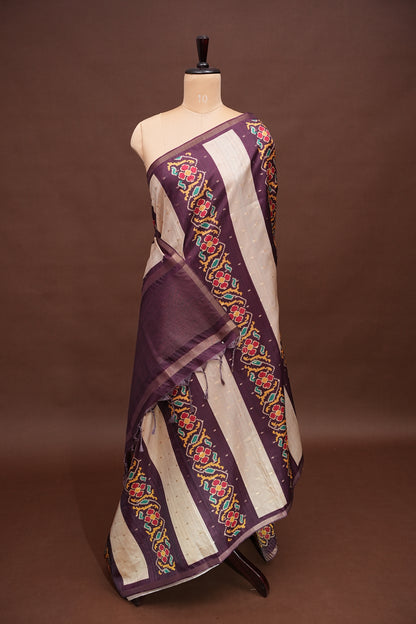 Semi Raw Silk Saree with Patola Prints & Striped Design – Wine & Beige