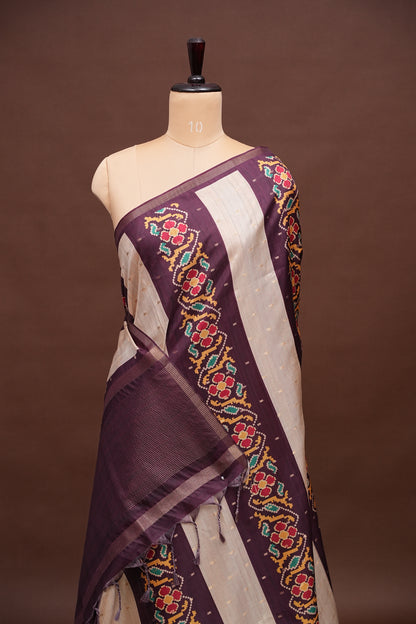 Semi Raw Silk Saree with Patola Prints & Striped Design – Wine & Beige