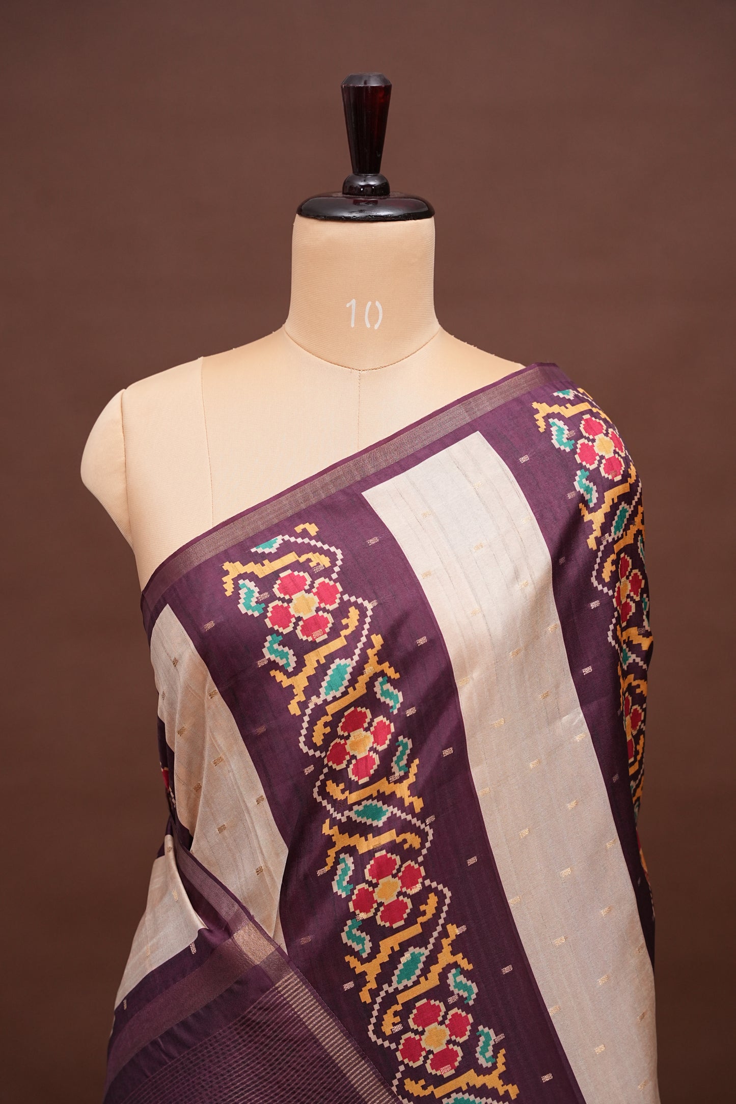 Semi Raw Silk Saree with Patola Prints & Striped Design – Wine & Beige