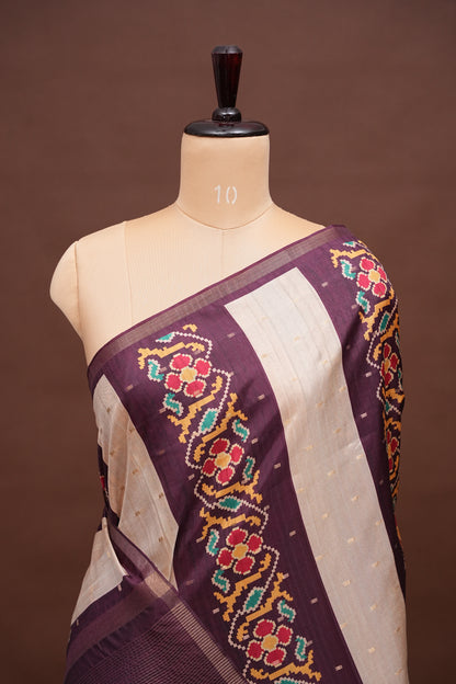 Semi Raw Silk Saree with Patola Prints & Striped Design – Wine & Beige