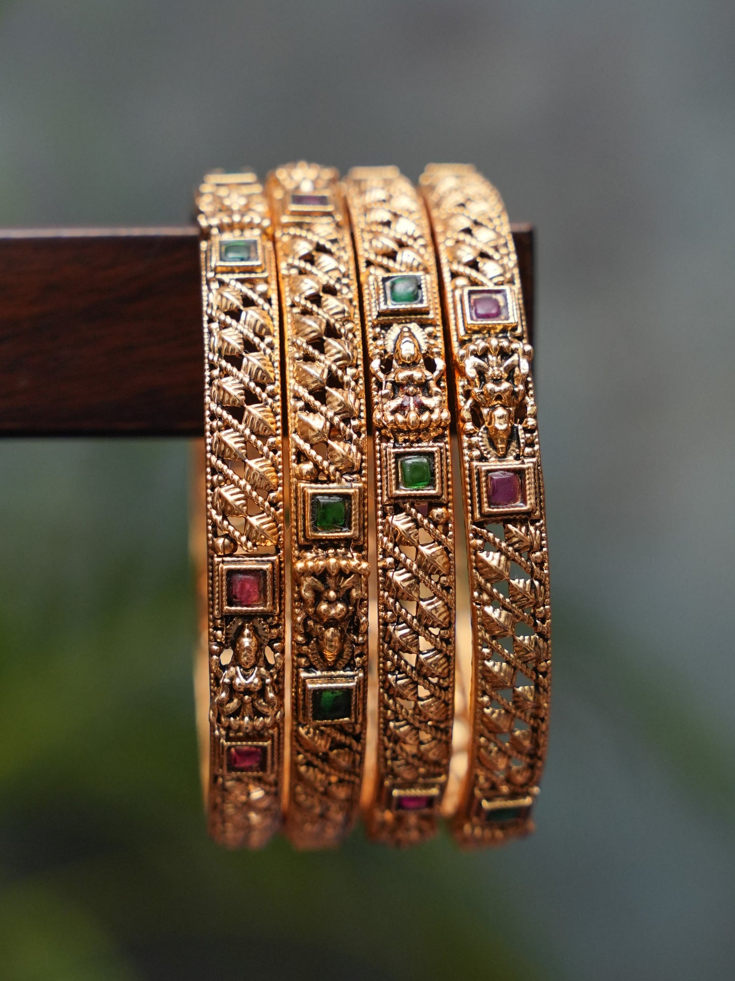 Antique Gold-Plated Temple Bangles Set – Ruby & Emerald Stone Details | Set of 4