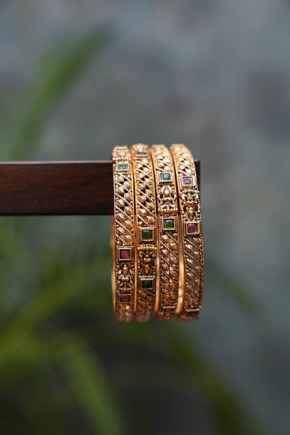 Antique Gold-Plated Temple Bangles Set – Ruby & Emerald Stone Details | Set of 4