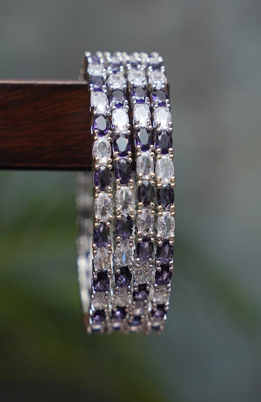 Premium Dual Tone Silver Crystal Bangles – Deep Purple & White - Set of 4 (Size 2.6)