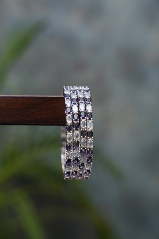 Premium Dual Tone Silver Crystal Bangles – Deep Purple & White - Set of 4 (Size 2.6)