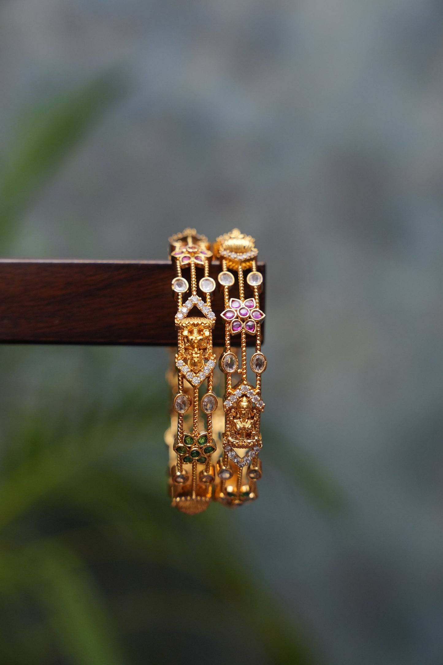 Premium Gold-Plated Temple Design Bangles – White, Ruby & Emerald Stones | Set of 2
