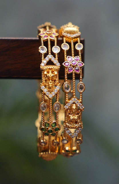 Premium Gold-Plated Temple Design Bangles – White, Ruby & Emerald Stones | Set of 2