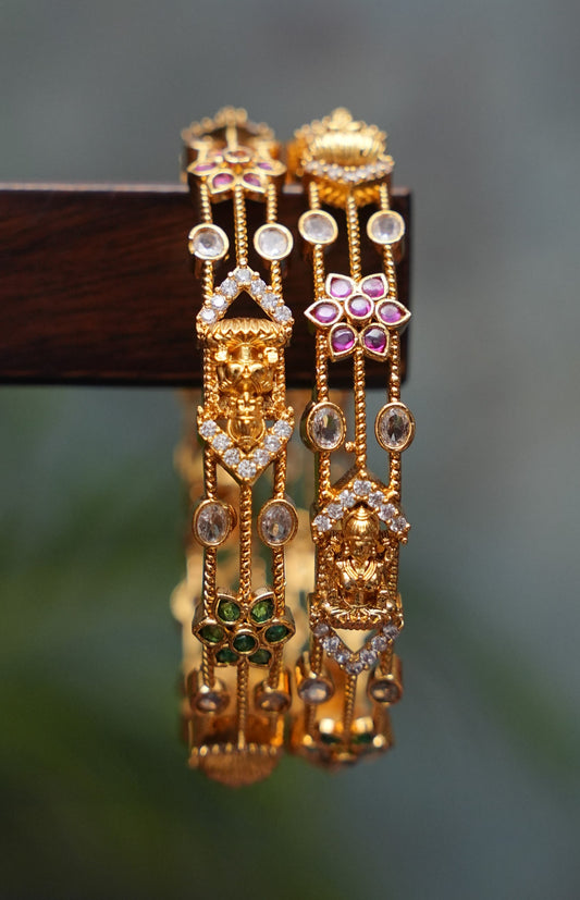Premium Gold-Plated Temple Design Bangles – White, Ruby & Emerald Stones | Set of 2