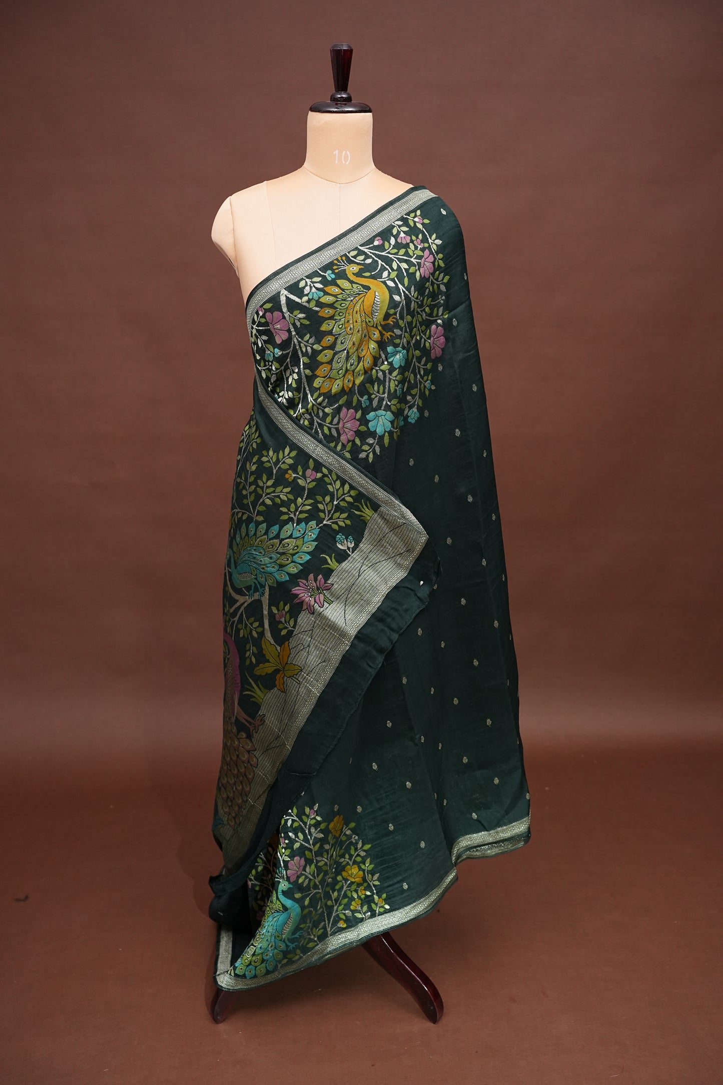 Tussar Banarasi Raw Silk Saree with Floral Zari Butta Weaving – Bottle Green