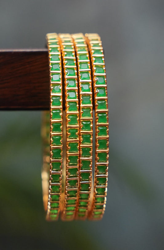 Antique Gold Plated Emerald Green Bangles in Premium Quality - Set of 4 (Size 2.6)