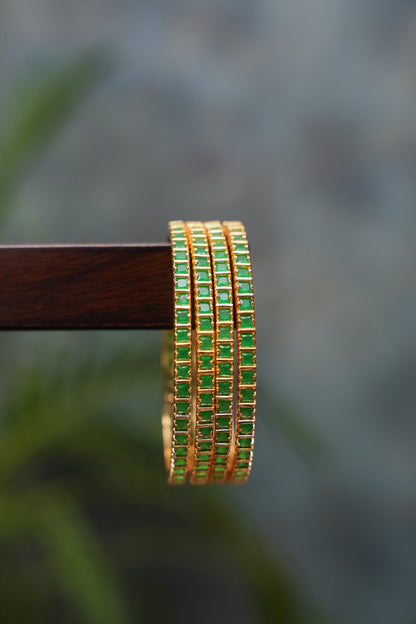 Antique Gold Plated Emerald Green Bangles in Premium Quality - Set of 4 (Size 2.6)