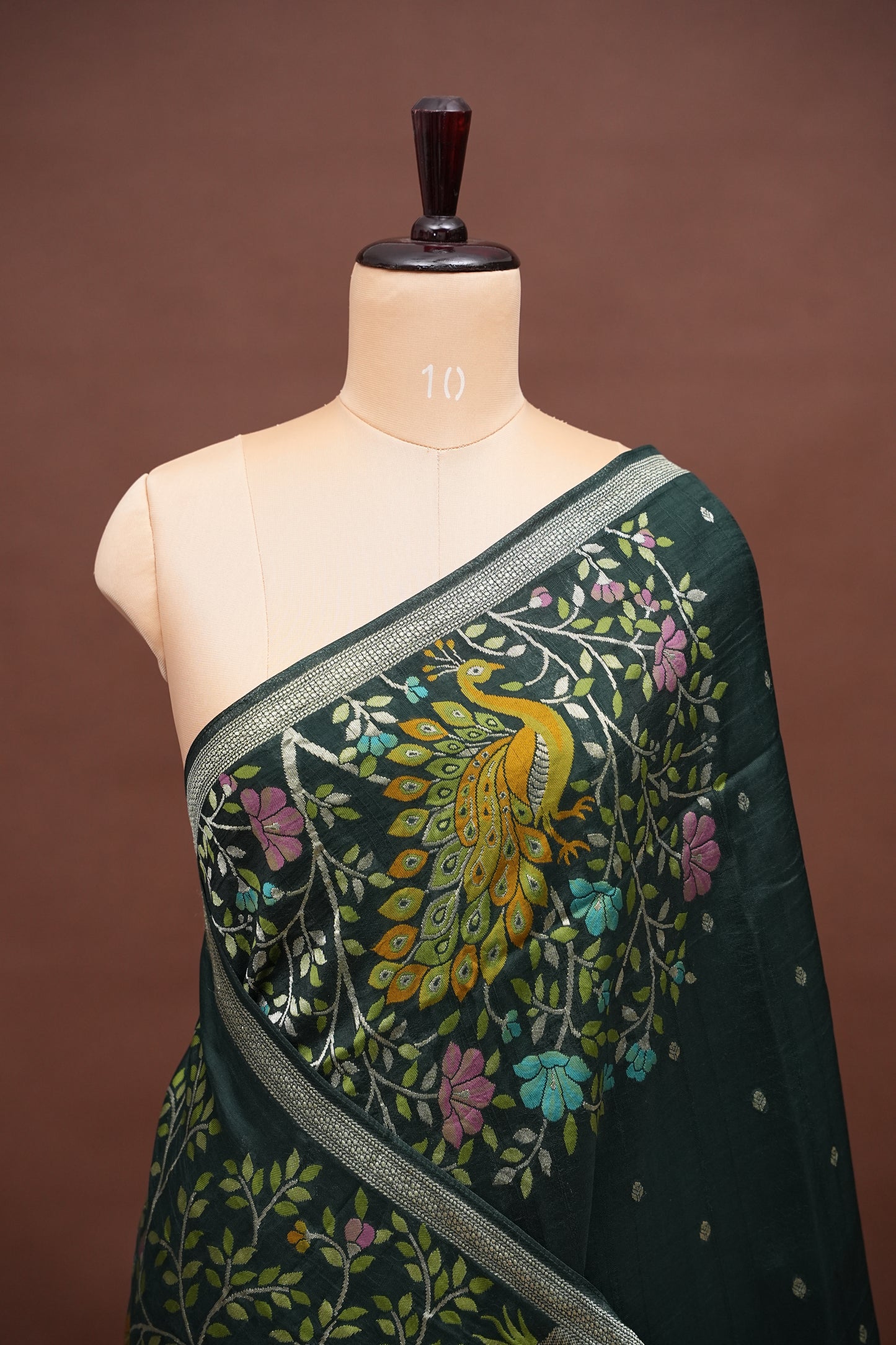 Tussar Banarasi Raw Silk Saree with Floral Zari Butta Weaving – Bottle Green