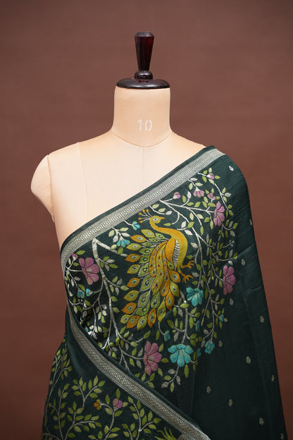 Tussar Banarasi Raw Silk Saree with Floral Zari Butta Weaving – Bottle Green