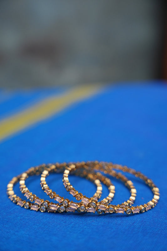 Premium Antique Gold-Plated Kundan Bangles Set – White Kundan & Blush Pink AD Stones