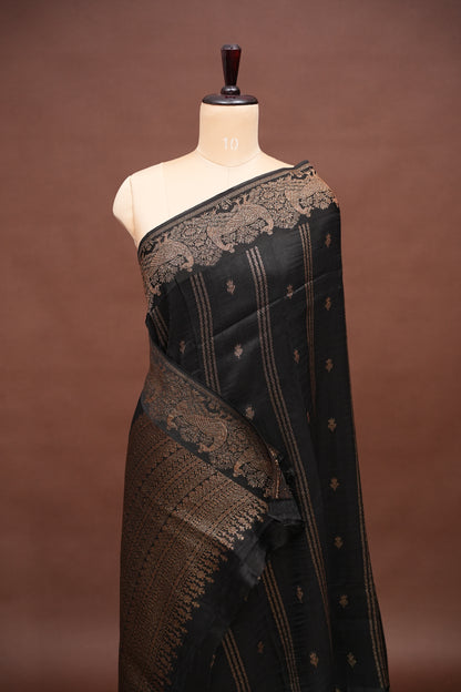 Tussar Banarasi Raw Silk Saree with Handloom Peacock Border – Classic Black