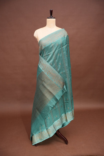 Tussar Banarasi Raw Silk Saree with Handloom Peacock Border – Aqua Green