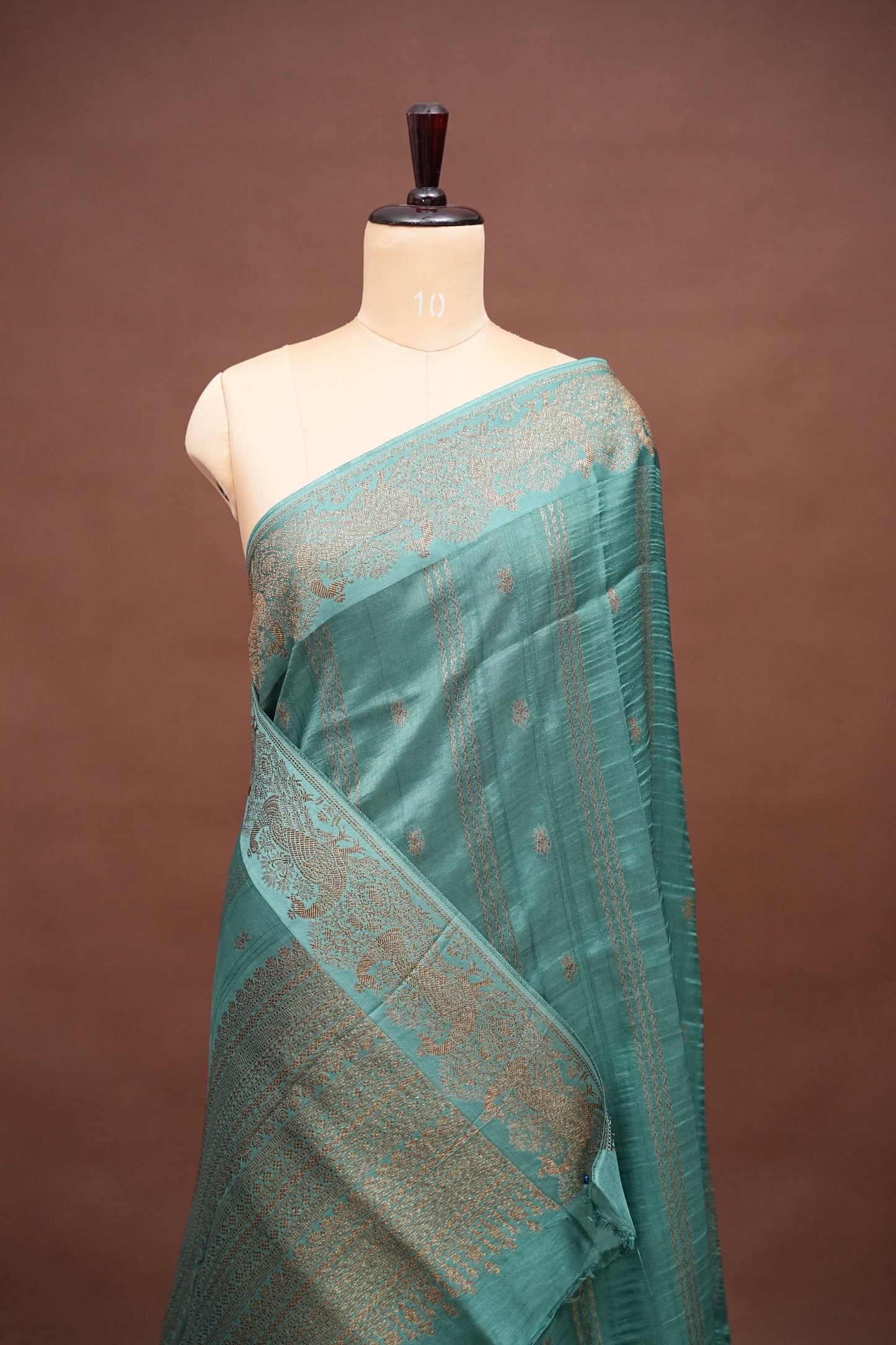 Tussar Banarasi Raw Silk Saree with Handloom Peacock Border – Aqua Green