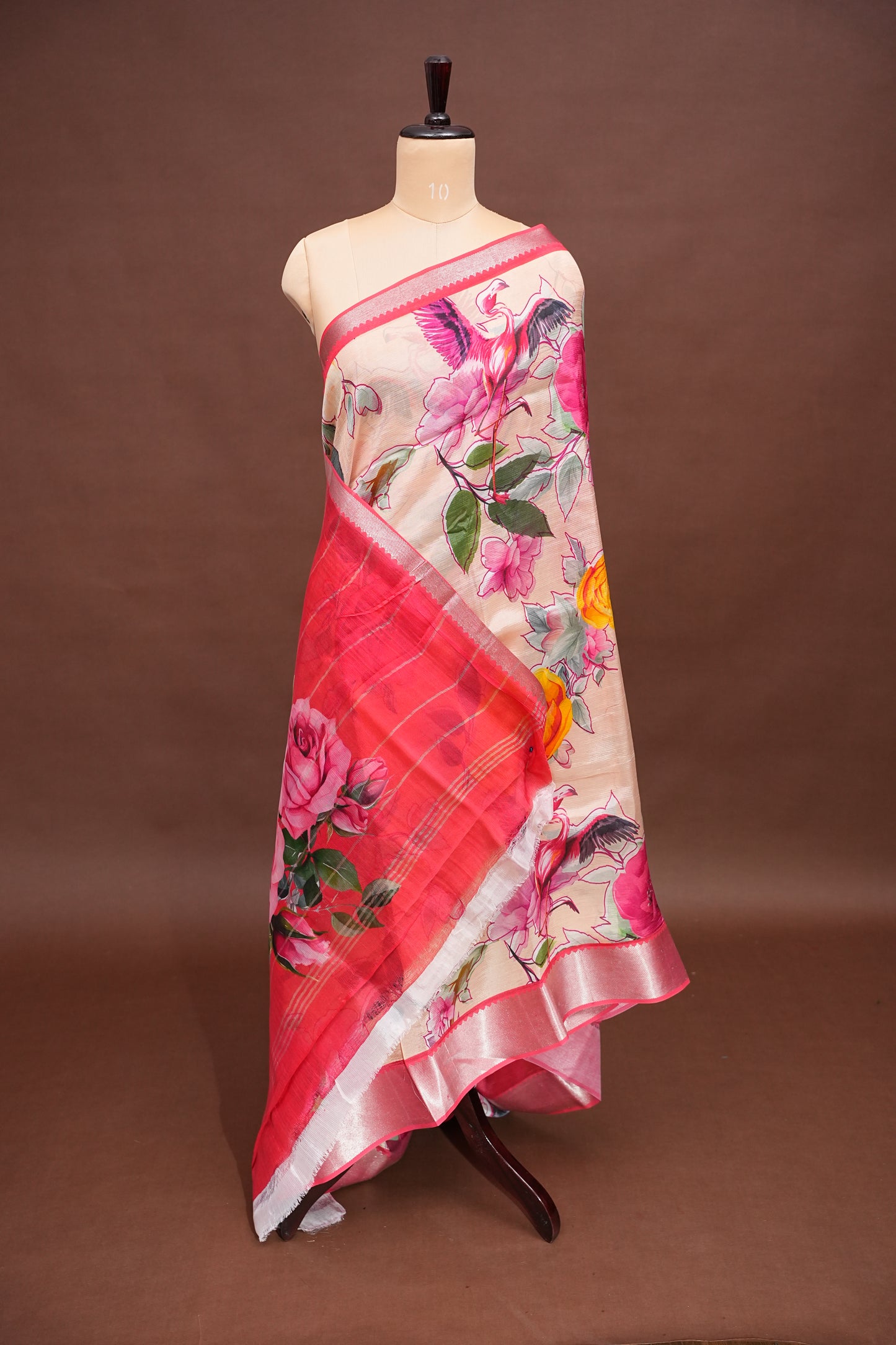 Mangalagiri Printed Silk Saree - Coral Pink & Floral Ivory