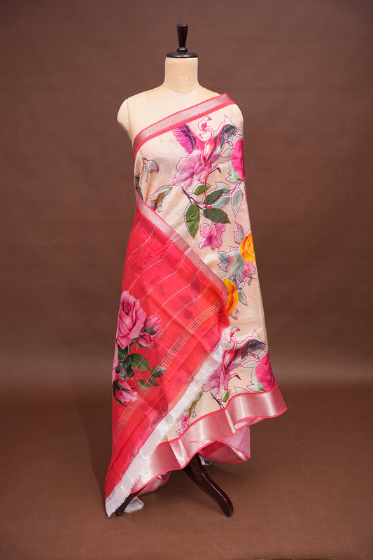 Mangalagiri Printed Silk Saree - Coral Pink & Floral Ivory
