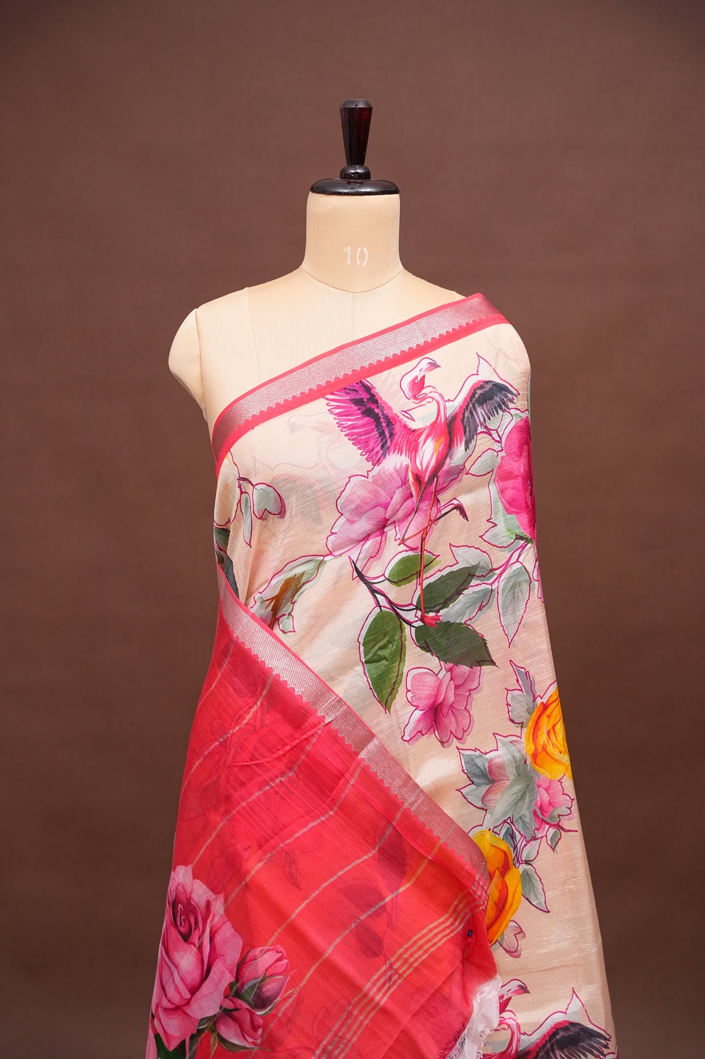 Mangalagiri Printed Silk Saree - Coral Pink & Floral Ivory