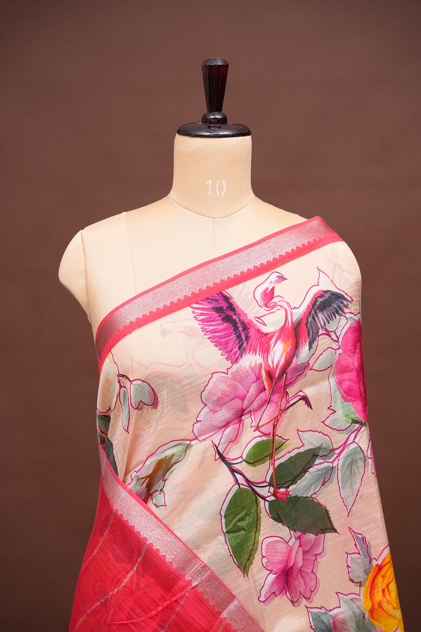Mangalagiri Printed Silk Saree - Coral Pink & Floral Ivory