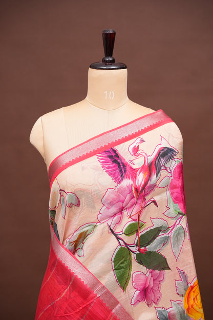 Mangalagiri Printed Silk Saree - Coral Pink & Floral Ivory