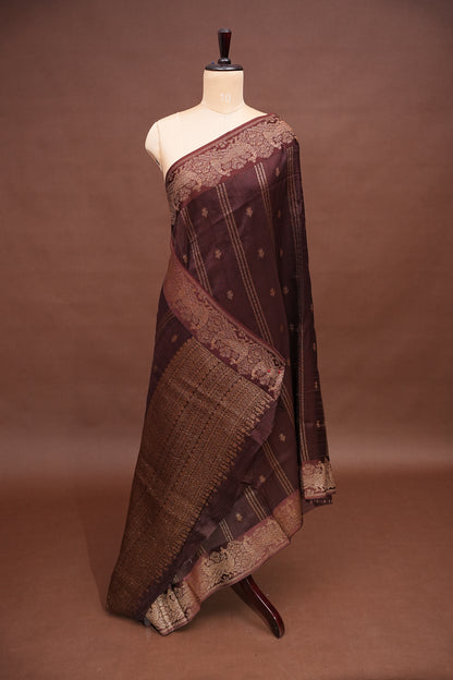Tussar Banarasi Raw Silk Saree with Handloom Peacock Border – Coffee Brown