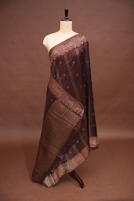 Tussar Banarasi Raw Silk Saree with Handloom Peacock Border – Coffee Brown