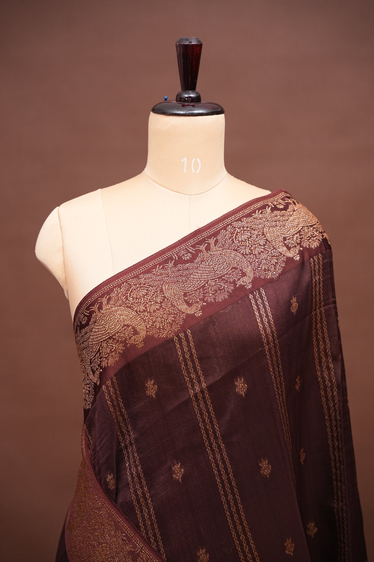 Tussar Banarasi Raw Silk Saree with Handloom Peacock Border – Coffee Brown