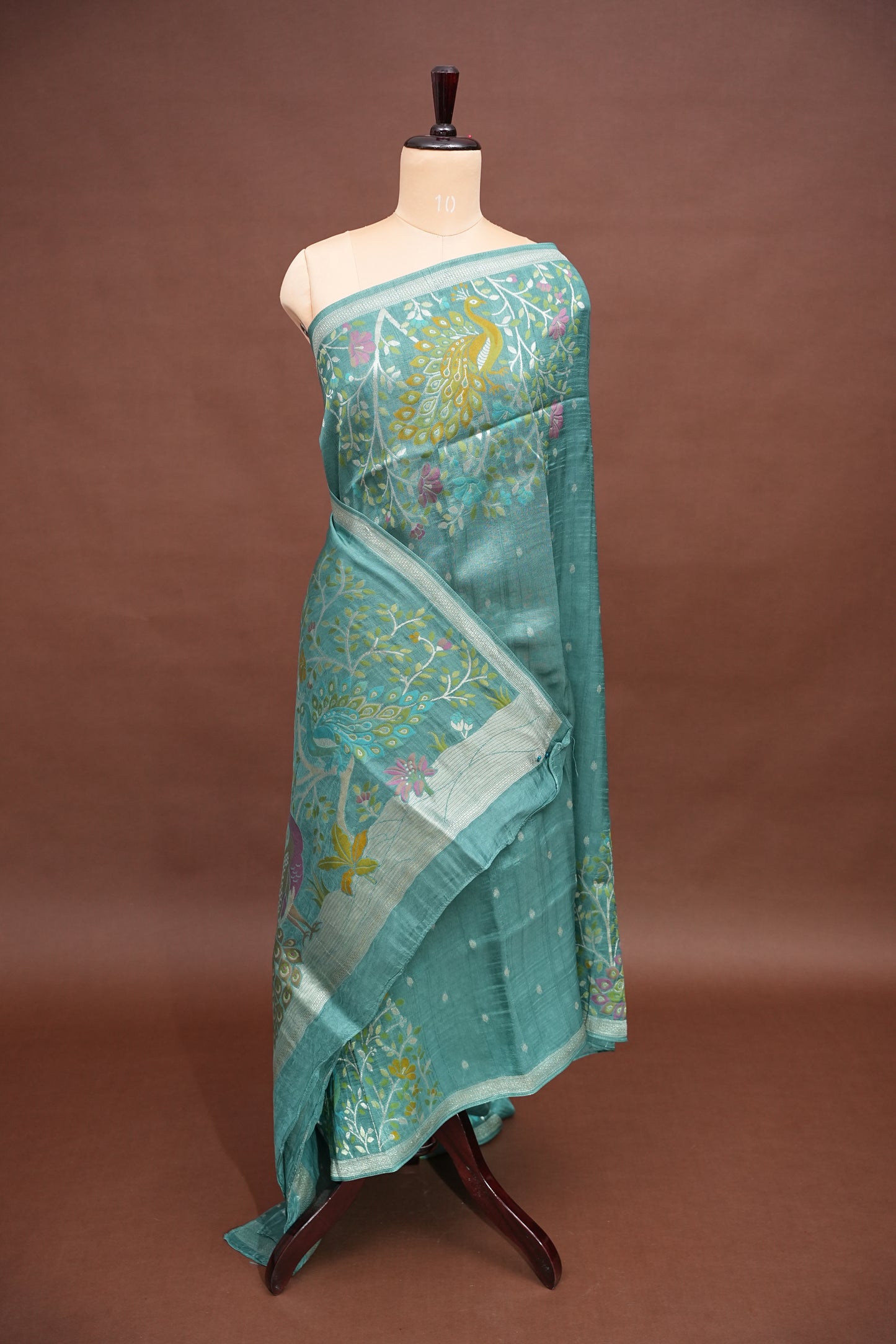 Tussar Banarasi Raw Silk Saree with Floral Zari Butta Weaving – Aqua Green