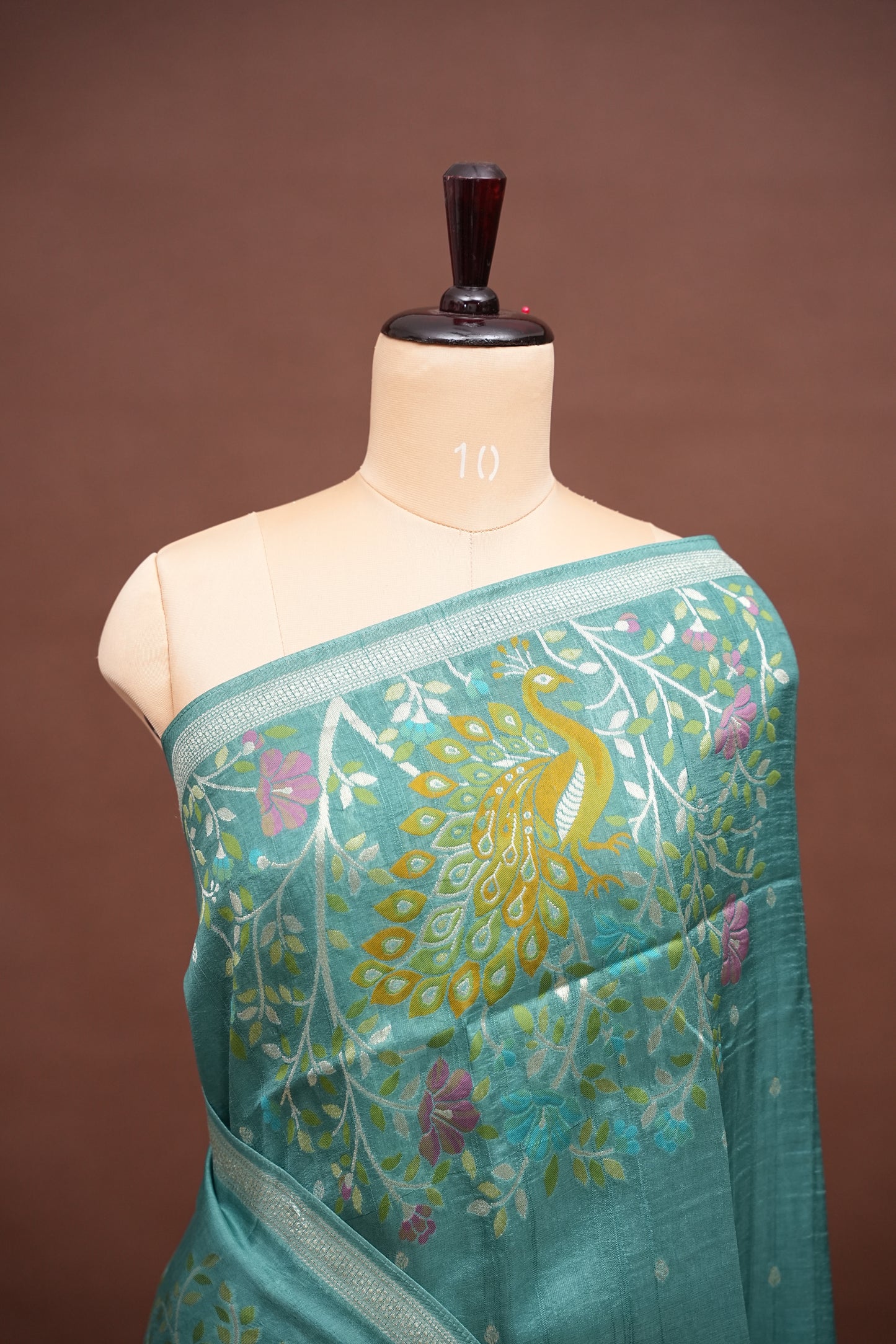 Tussar Banarasi Raw Silk Saree with Floral Zari Butta Weaving – Aqua Green
