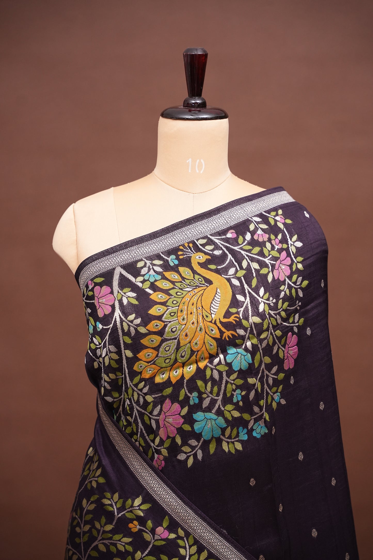 Tussar Banarasi Raw Silk Saree with Floral Paithani Weaves – Deep Purple
