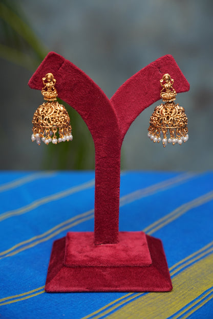 Temple Jhumka Earrings – Antique Gold Finish with Pearl Drops