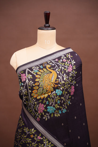 Tussar Banarasi Raw Silk Saree with Floral Paithani Weaves – Deep Purple
