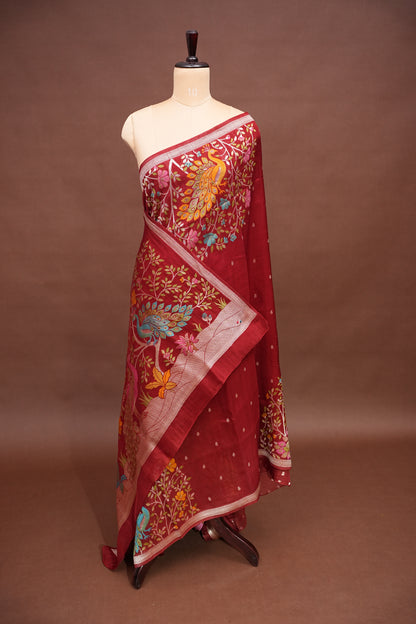 Tussar Banarasi Raw Silk Saree with Floral Paithani Weaves – Maroon