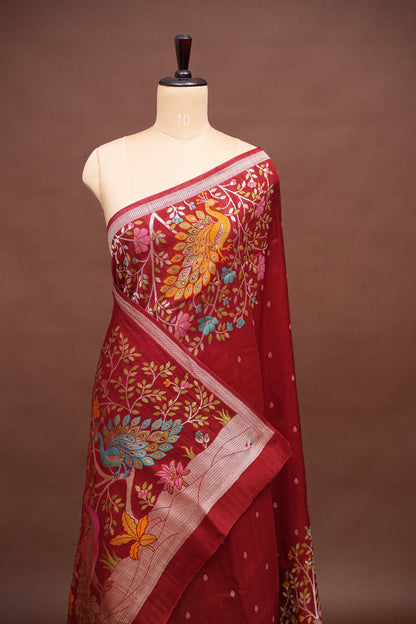 Tussar Banarasi Raw Silk Saree with Floral Paithani Weaves – Maroon