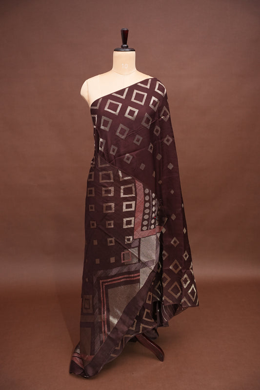Tussar Banarasi Raw Silk Saree with Geometric Silver Weaving – Coffee Brown