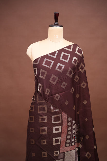 Tussar Banarasi Raw Silk Saree with Geometric Silver Weaving – Coffee Brown