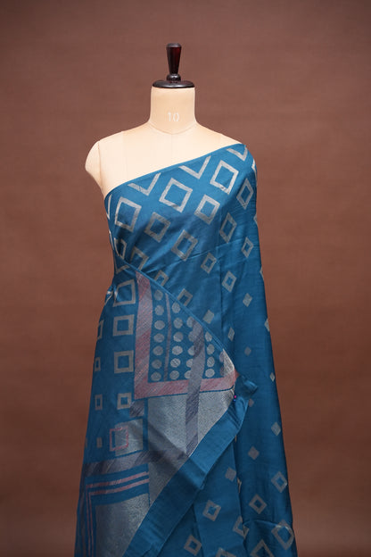 Tussar Banarasi Raw Silk Saree with Geometric Silver Weaving – Teal Blue