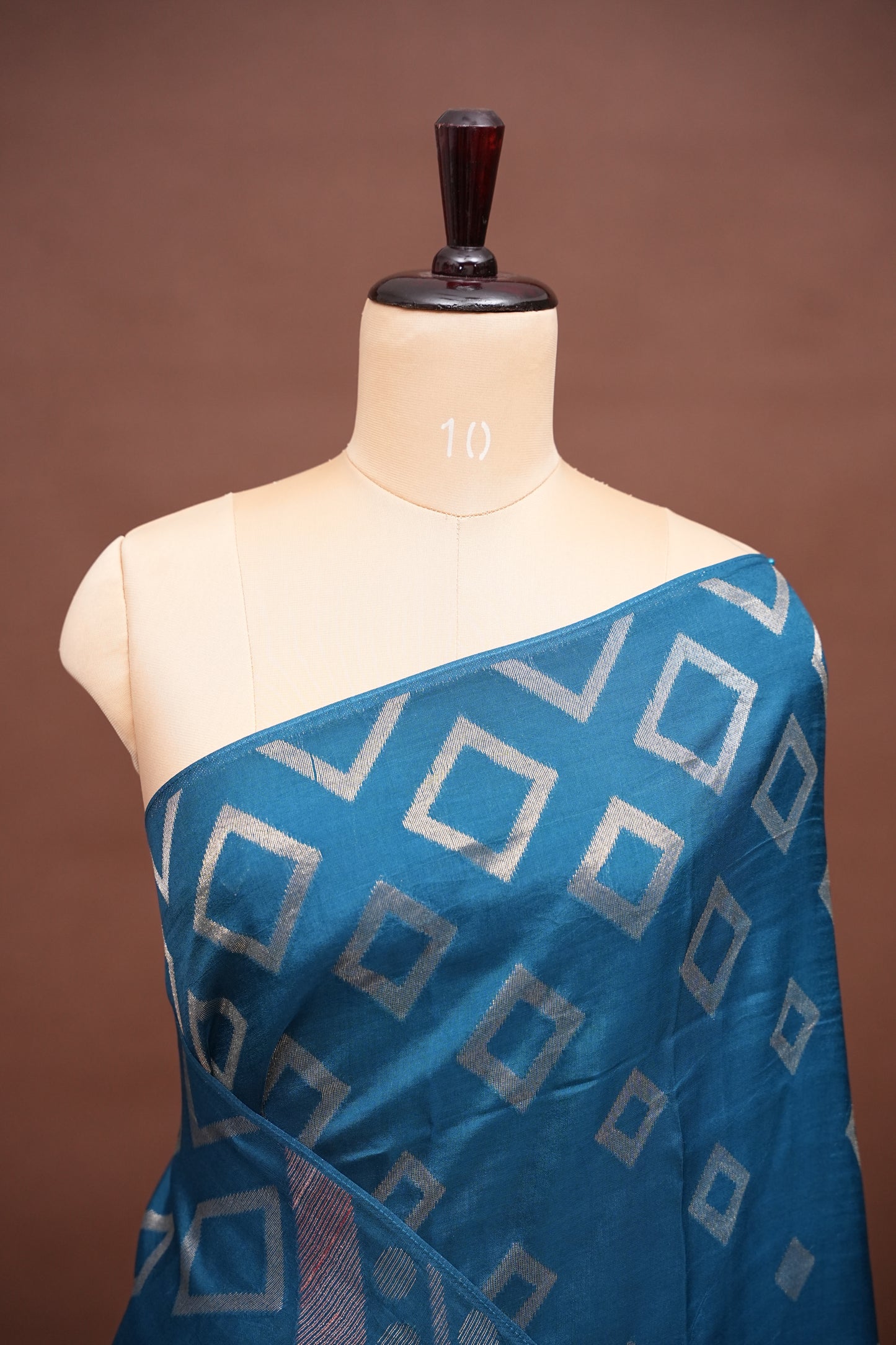 Tussar Banarasi Raw Silk Saree with Geometric Silver Weaving – Teal Blue