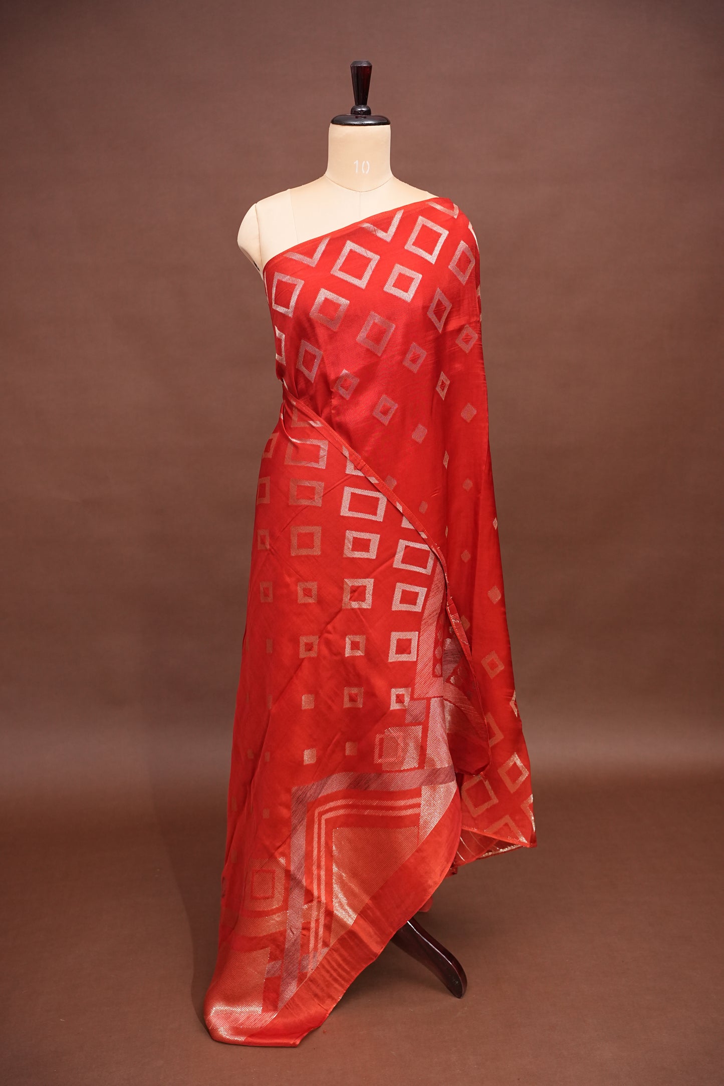 Tussar Banarasi Raw Silk Saree with Geometric Silver Weaving – Rust Orange
