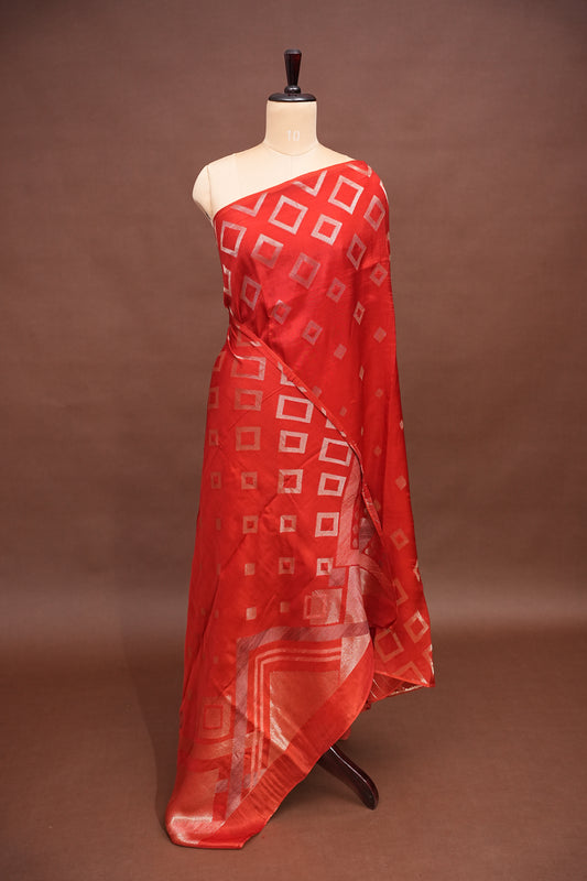 Tussar Banarasi Raw Silk Saree with Geometric Silver Weaving – Rust Orange