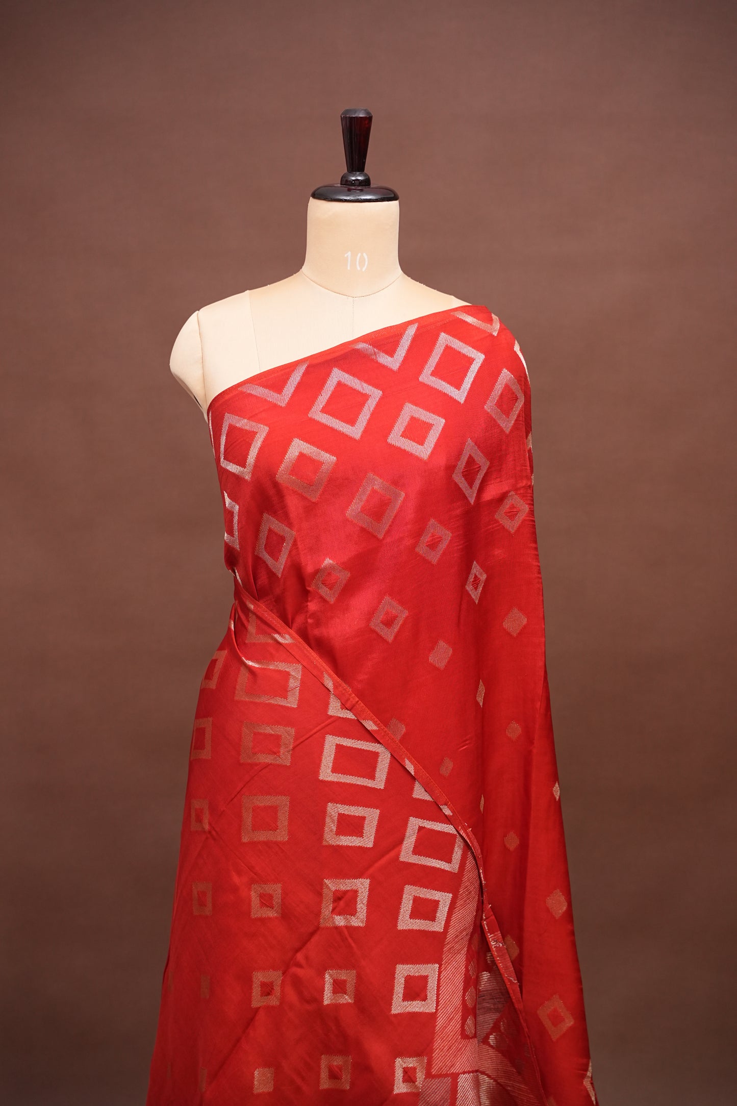 Tussar Banarasi Raw Silk Saree with Geometric Silver Weaving – Rust Orange