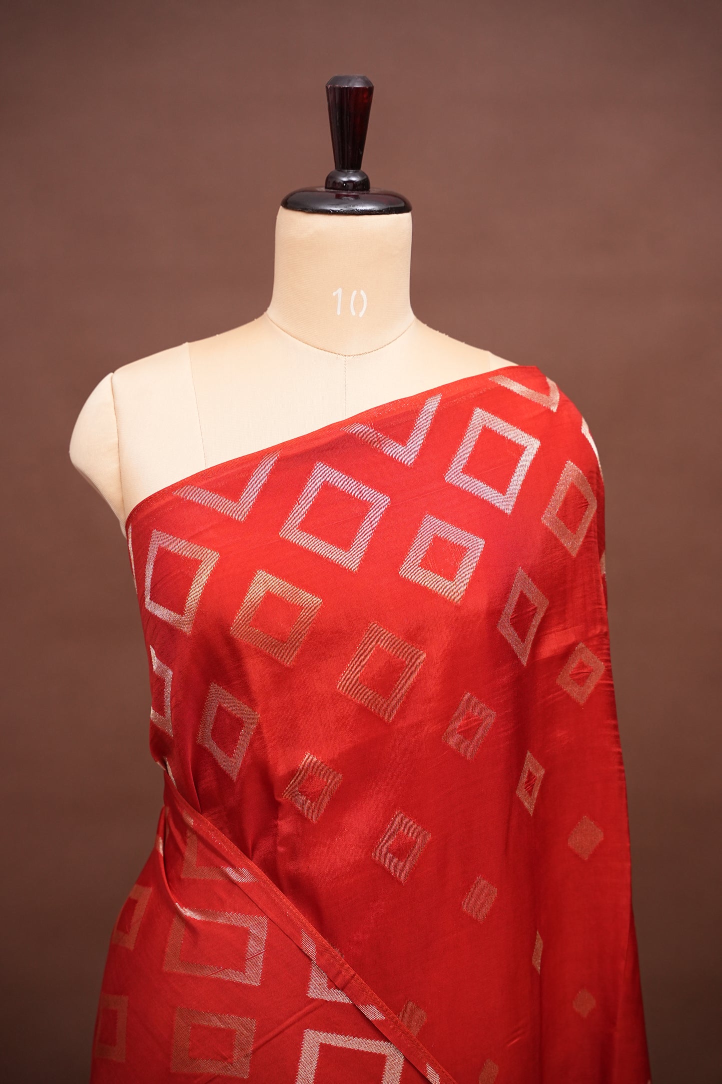 Tussar Banarasi Raw Silk Saree with Geometric Silver Weaving – Rust Orange