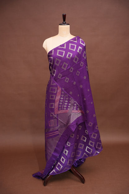 Tussar Banarasi Raw Silk Saree with Geometric Silver Weaving – Royal Purple