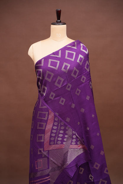 Tussar Banarasi Raw Silk Saree with Geometric Silver Weaving – Royal Purple