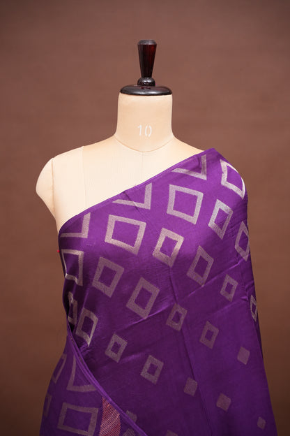 Tussar Banarasi Raw Silk Saree with Geometric Silver Weaving – Royal Purple
