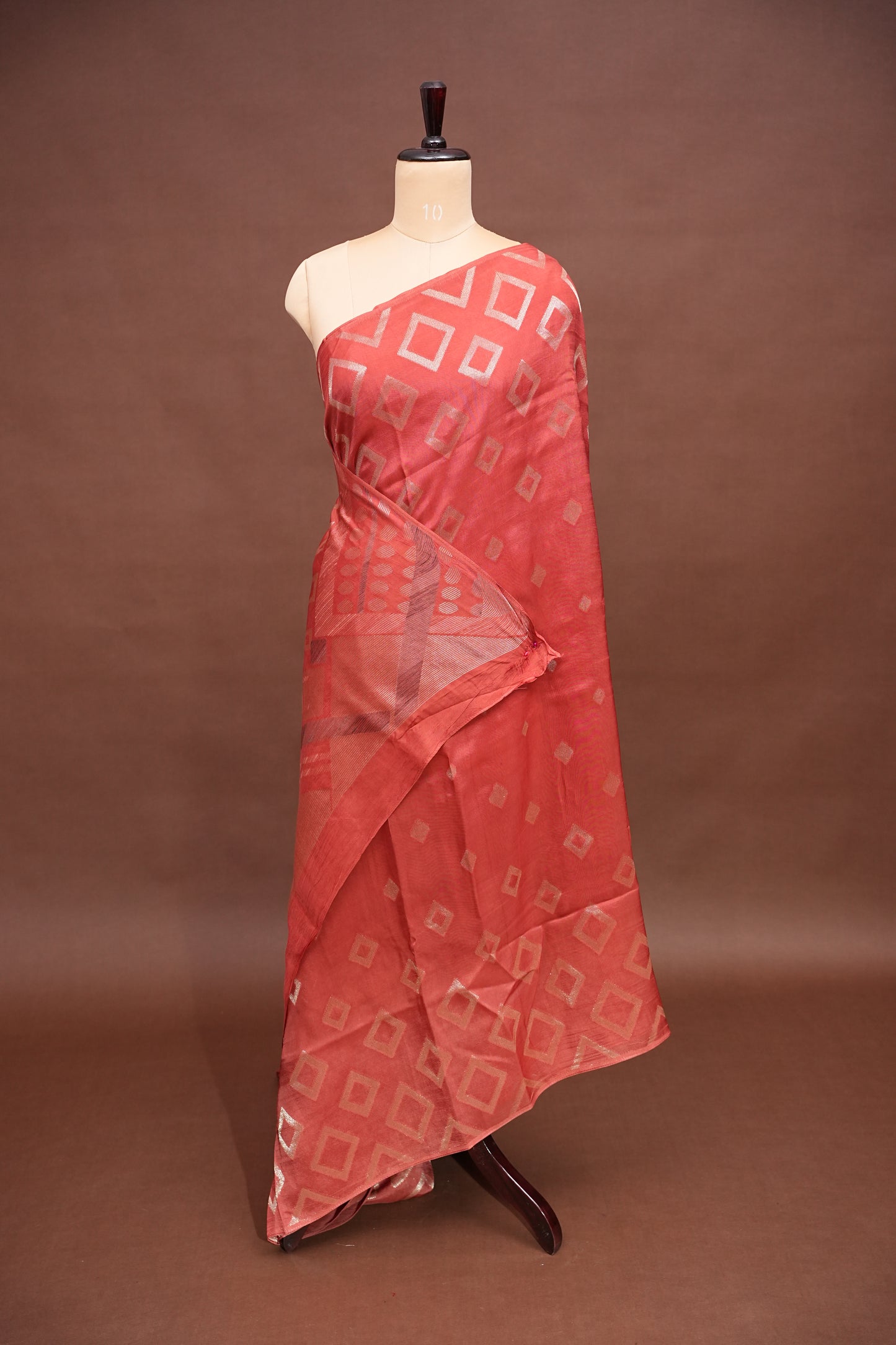 Tussar Banarasi Raw Silk Saree with Geometric Silver Weaving – Light Orange