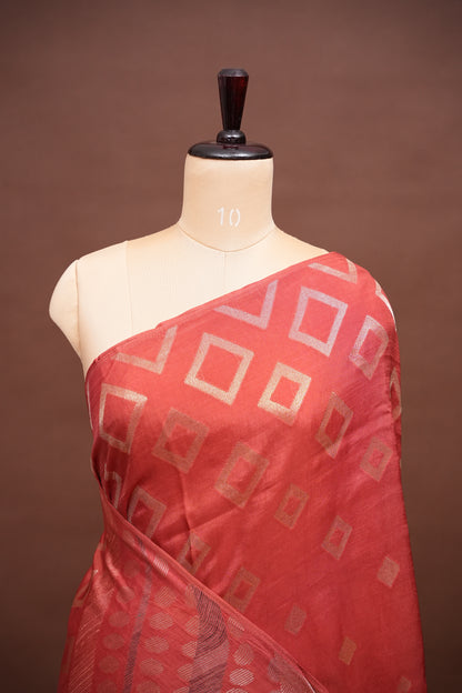 Tussar Banarasi Raw Silk Saree with Geometric Silver Weaving – Light Orange