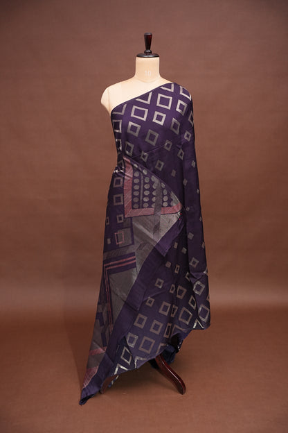 Tussar Banarasi Raw Silk Saree with Geometric Silver Weaving – Deep Purple