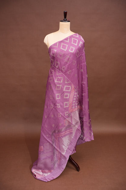Tussar Banarasi Raw Silk Saree with Geometric Silver Weaving – Onion Pink